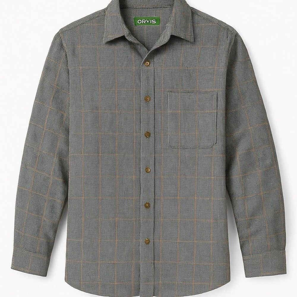 Orvis Houndstooth Plaid Button Down Shirt Gray Tan Cotton Men’s Large